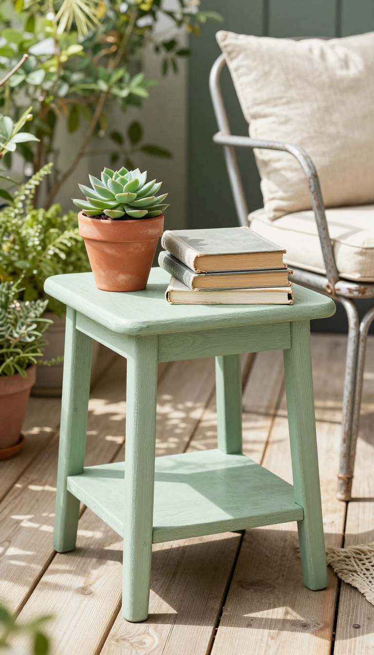 A freshly painted thrifted side table and chair on a cozy patio, styled with plants and soft sunlight, demonstrating a budget-friendly DIY makeover.