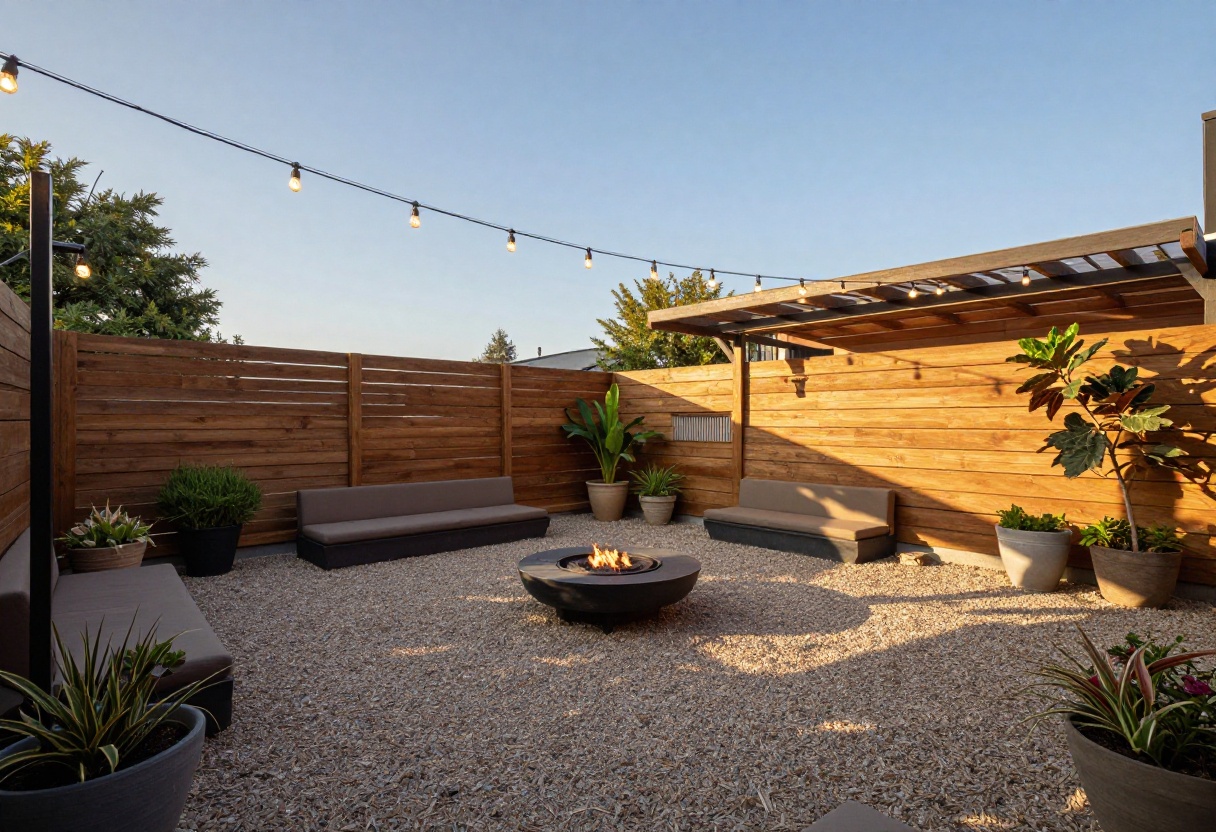 Backyard patio with gravel, fire pit, string lights, and wooden privacy screen at sunset