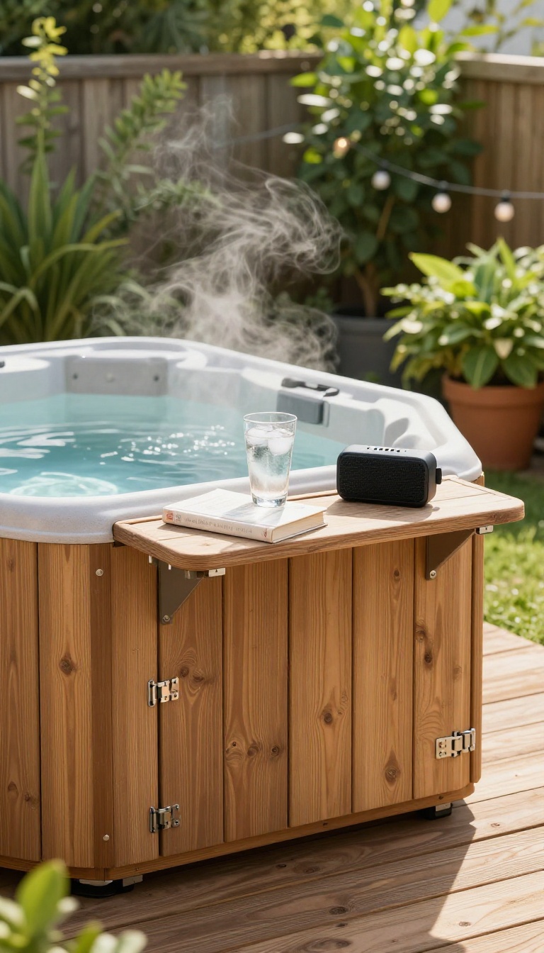 Two-person hot tub on a small backyard deck with a fold-down bar shelf holding a drink, book, and speaker