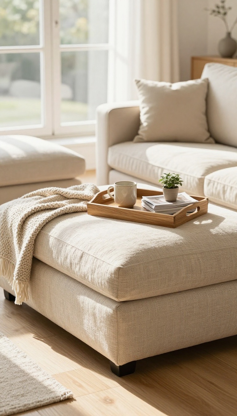Bright living room with an oversized upholstered ottoman topped with a wooden tray, magazines, and a mug in place of a coffee table