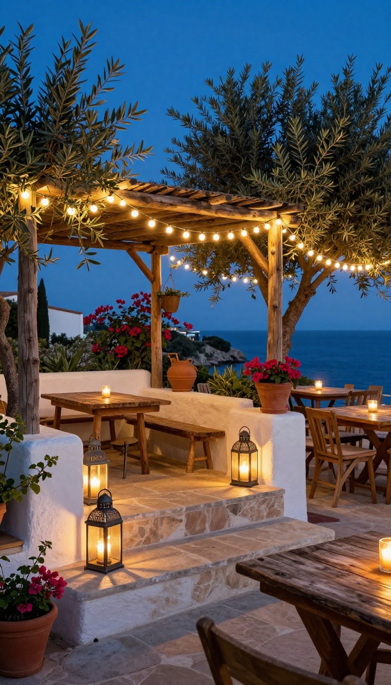 Mediterranean backyard at dusk with layered warm lighting from string lights, lanterns, and candles creating a cozy coastal glow