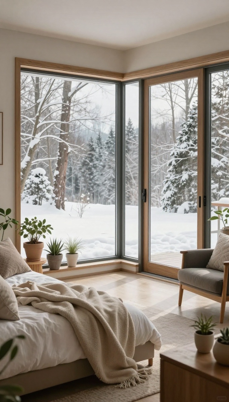 Cozy enclosed patio with energy-efficient windows and comfortable seating