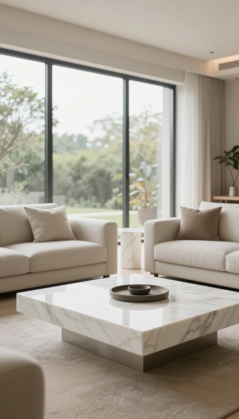 Modern luxury living room with a white marble coffee table and quartz side table in bright natural light