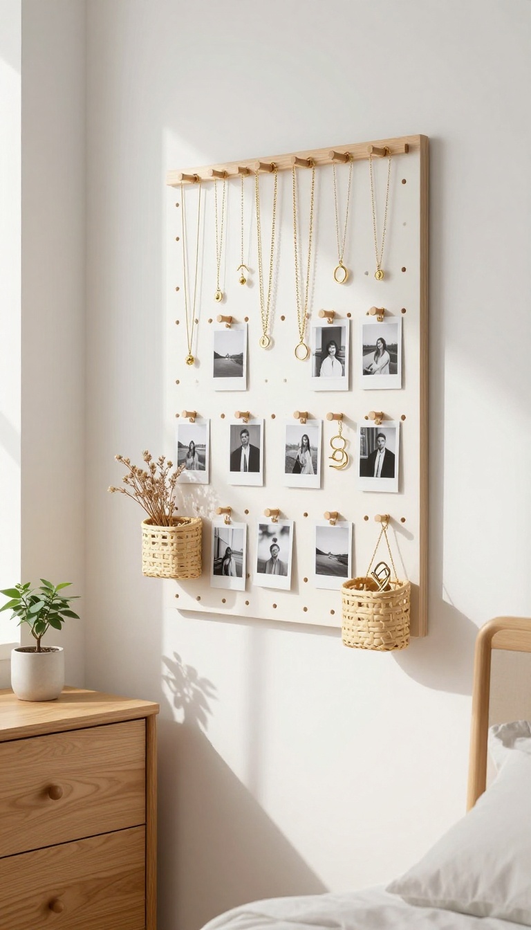 Bright small bedroom corner with a wooden pegboard wall displaying necklaces, photos, and small bins above a tidy dresser