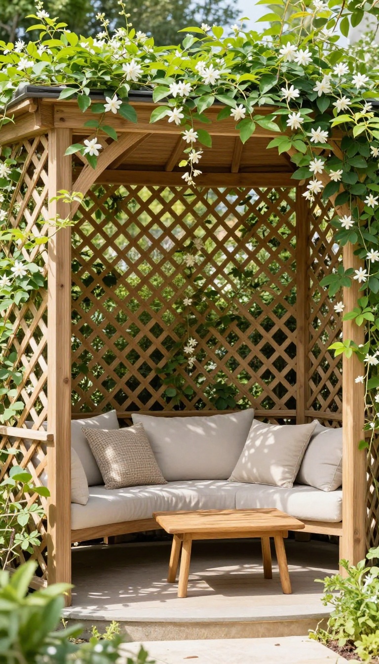 Backyard gazebo enclosed with wooden lattice panels covered in climbing jasmine and ivy, creating a cozy living privacy screen