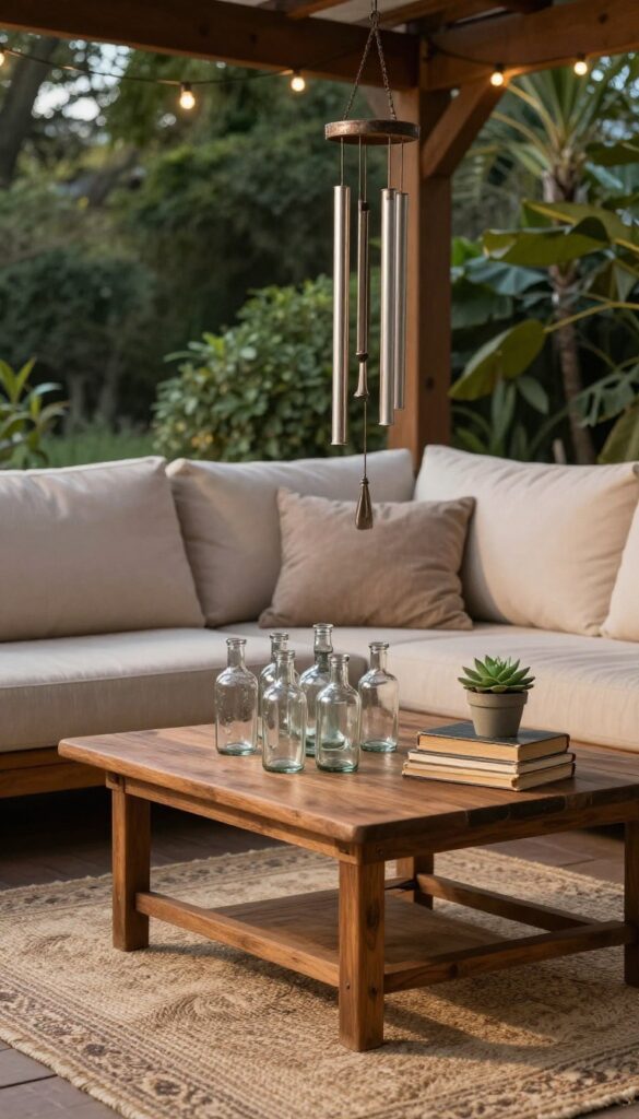 Cozy patio with personal decor touches like vintage rug, glass bottles, books, succulents, and wind chime at dusk.