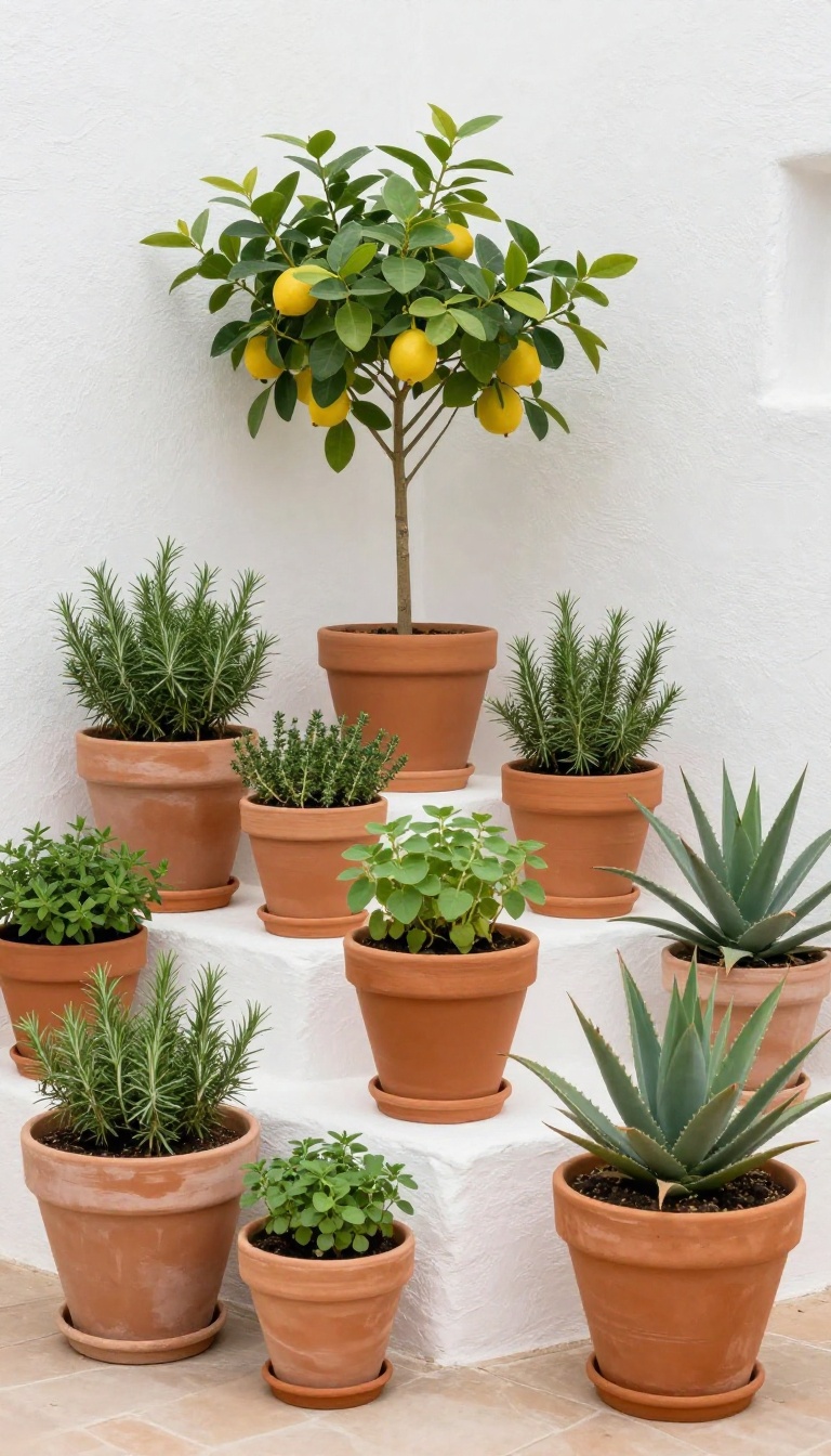 Cluster of terracotta pots with herbs, succulents, and a small citrus tree in a sunlit Mediterranean backyard corner against a whitewashed wall
