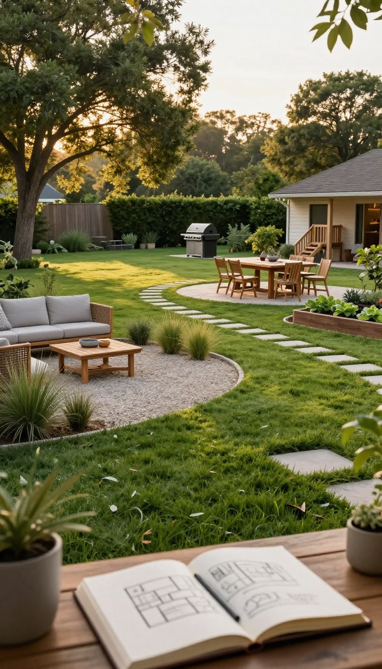 Large backyard divided into distinct zones for lounging, dining, play, and gardening, with a sketchbook showing a yard layout plan in the foreground