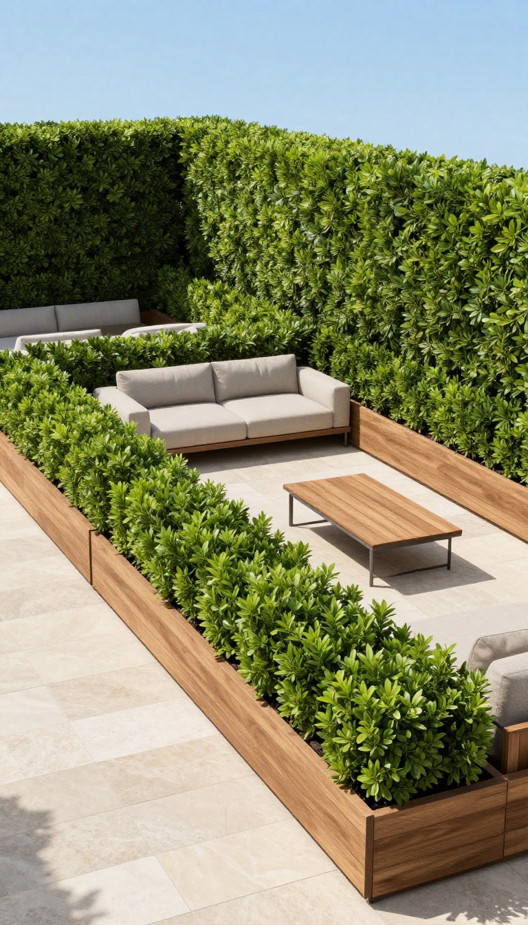 Modern patio with boxwood hedges in raised wooden planters providing natural privacy