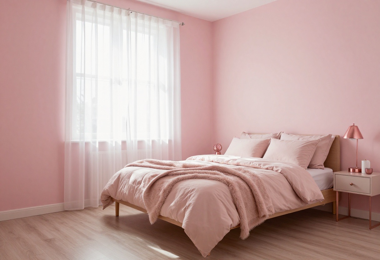 Small pink bedroom with soft blush walls, cozy bedding, and smart storage solutions.