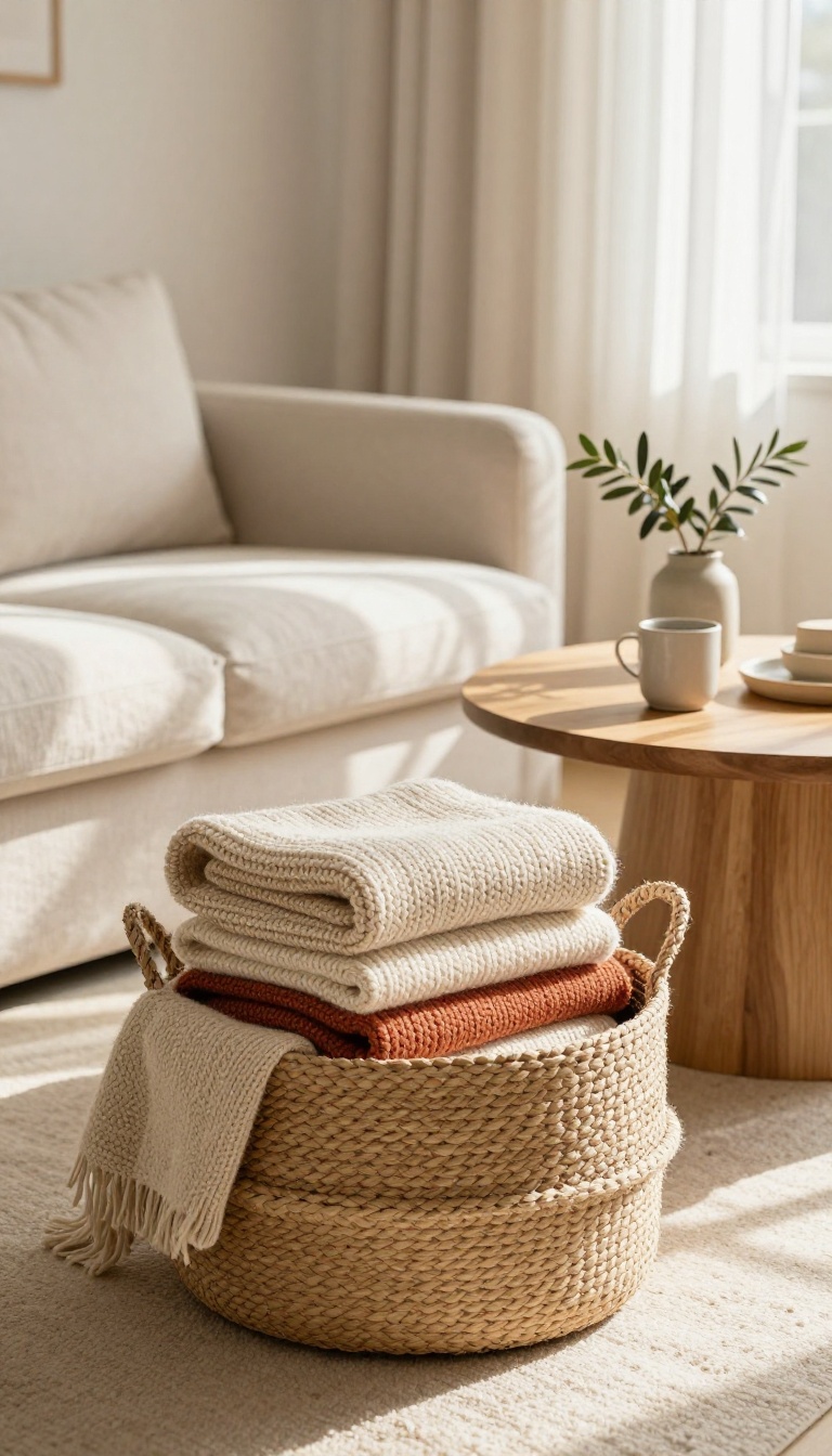 Woven seagrass basket holding folded knit blankets beside a light sofa in a bright, cozy living room