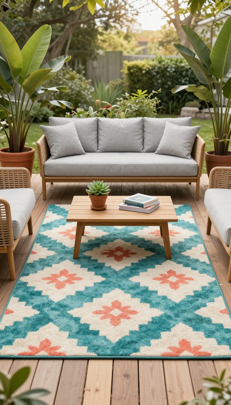 Outdoor patio with a colorful area rug on a wooden deck, surrounded by comfortable seating and lush plants, creating a cozy and inviting outdoor living space.