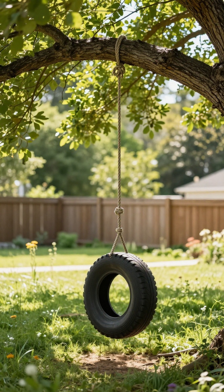 A tire swing hanging from a sturdy tree branch in a sunny backyard with green grass and dappled light