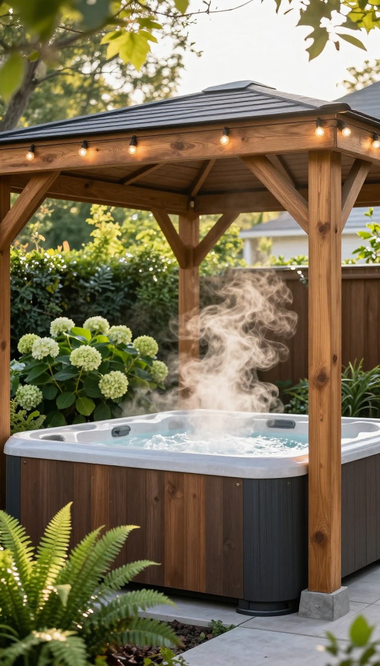 Wooden gazebo with open sides and a vented roof sheltering a steaming hot tub in a lush backyard at golden hour