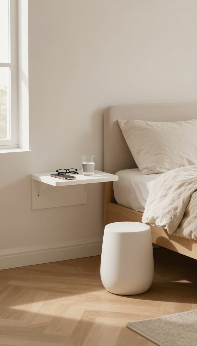 Small couple's bedroom with a white floating wall-mounted nightstand on one side of the bed and a white ceramic stool on the other, styled with neutral bedding in bright natural light