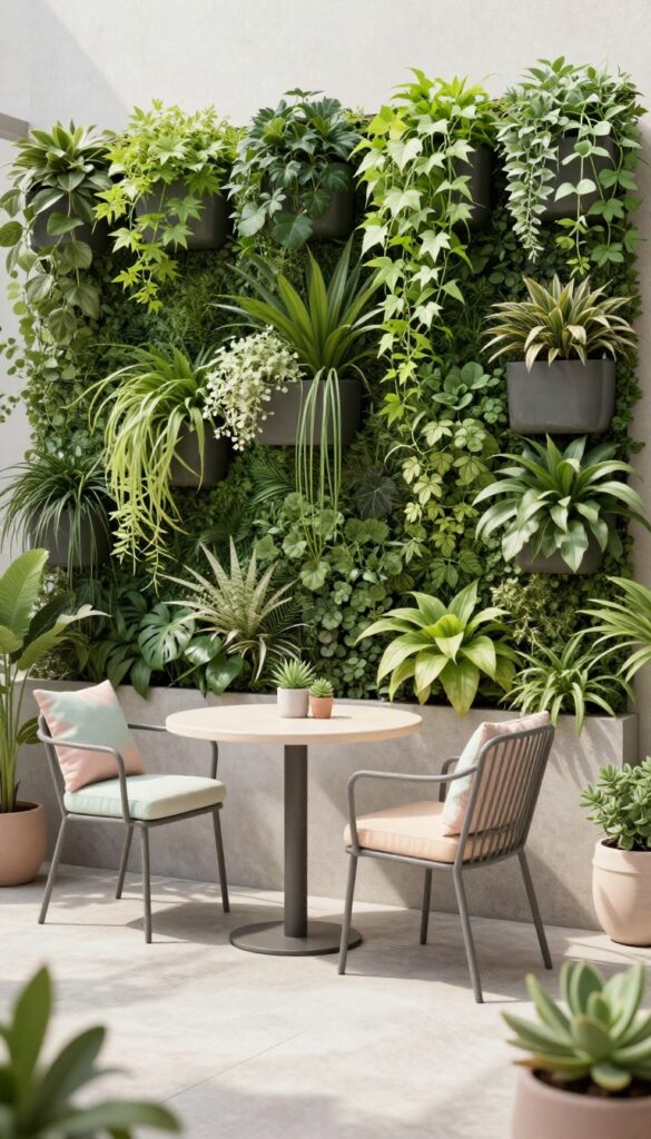 Small apartment patio with a vertical garden wall full of greenery, bistro table and chairs, bright natural light