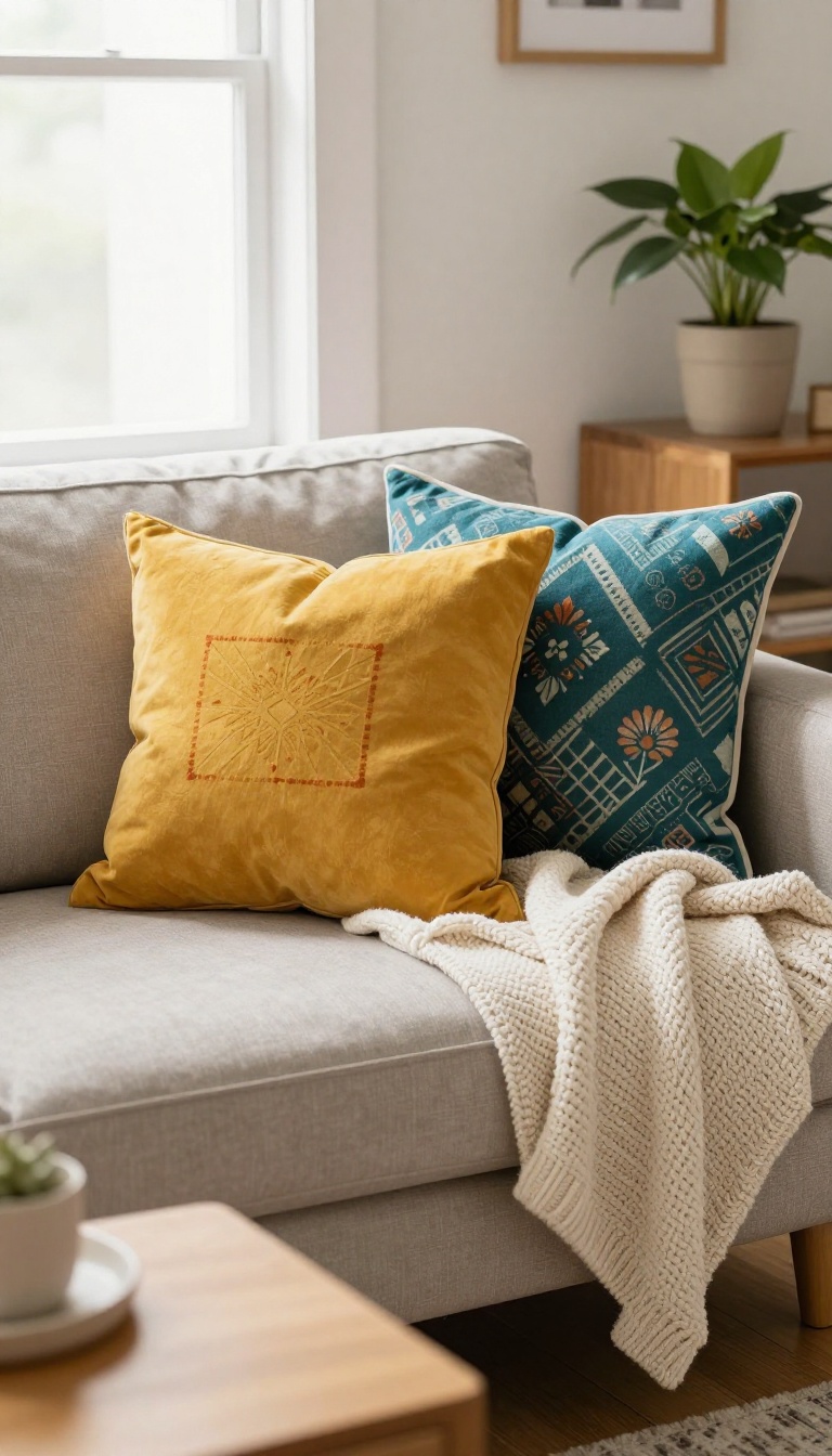 Cozy college living room with colorful throw pillows and a chunky knit blanket on a neutral sofa