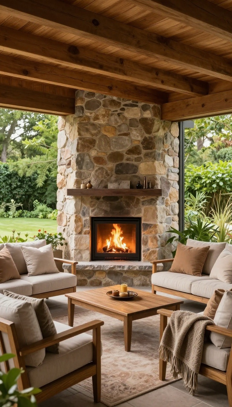 Cozy covered patio with a corner fireplace and L-shaped seating arrangement