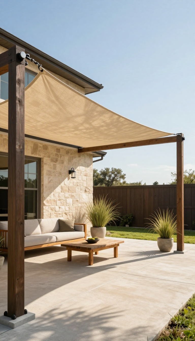 Breathable beige shade sail stretched over a Texas backyard patio, angled toward the western sun with dappled light on outdoor seating
