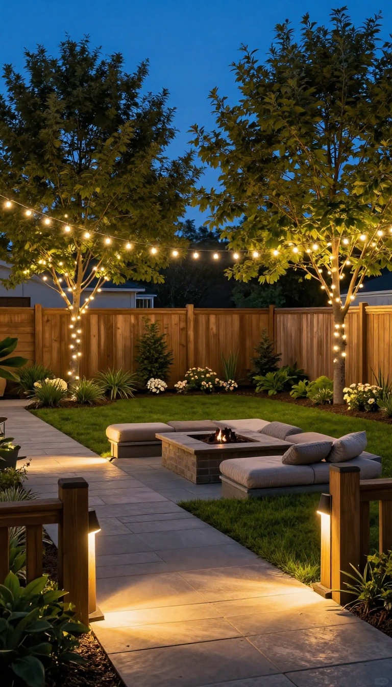 Backyard patio at dusk with warm string lights overhead and path lights along a stone walkway