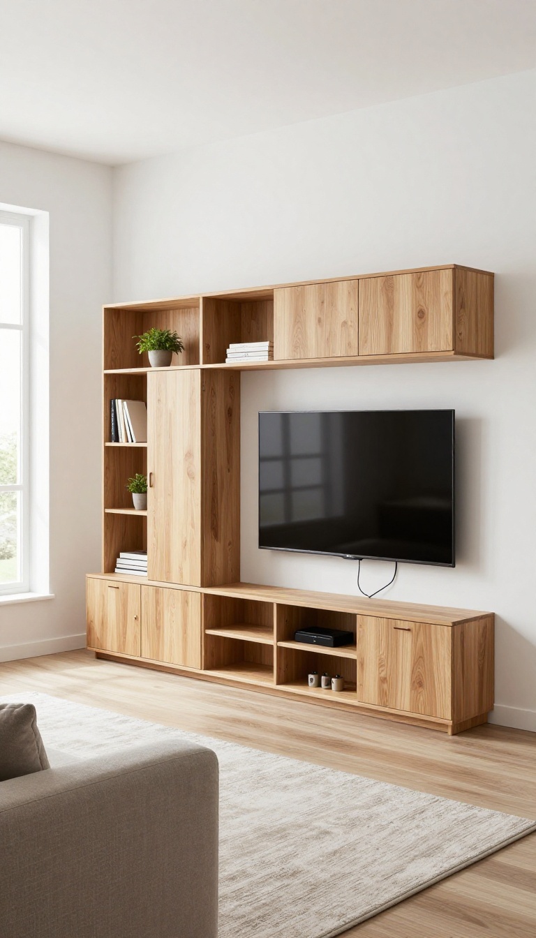 Modern living room with a custom modular entertainment system featuring light oak cabinets and open cubbies, a wall-mounted TV, and bright natural light.