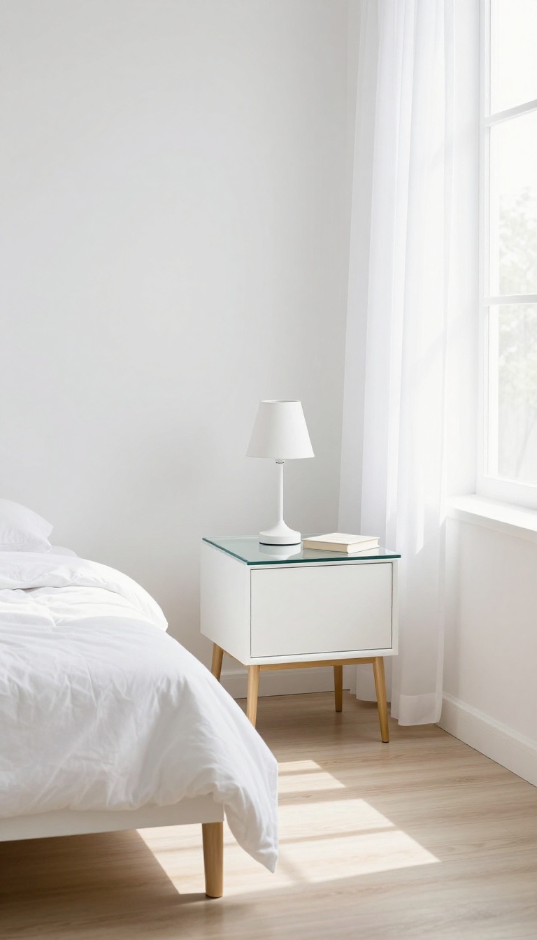Small white bedroom with a leggy nightstand with open legs and glass top, letting light pass underneath for an airy feel