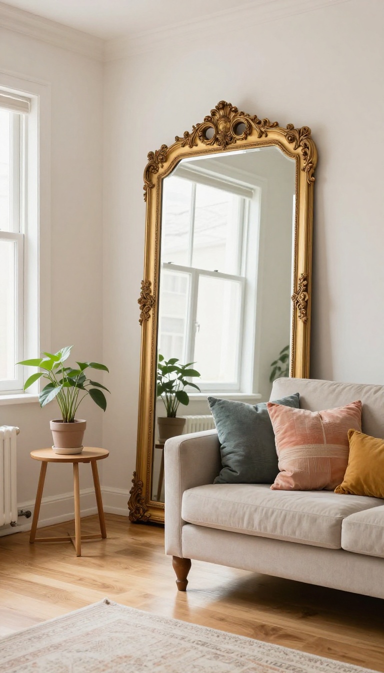 Large mirror leaning against a wall in a bright college living room, reflecting light from a window
