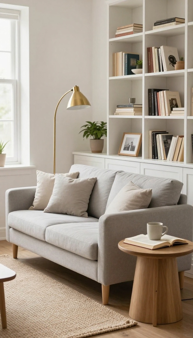 Cozy reading nook with a small gray loveseat facing a white bookshelf, floor lamp, side table, and jute rug in a bright living room corner