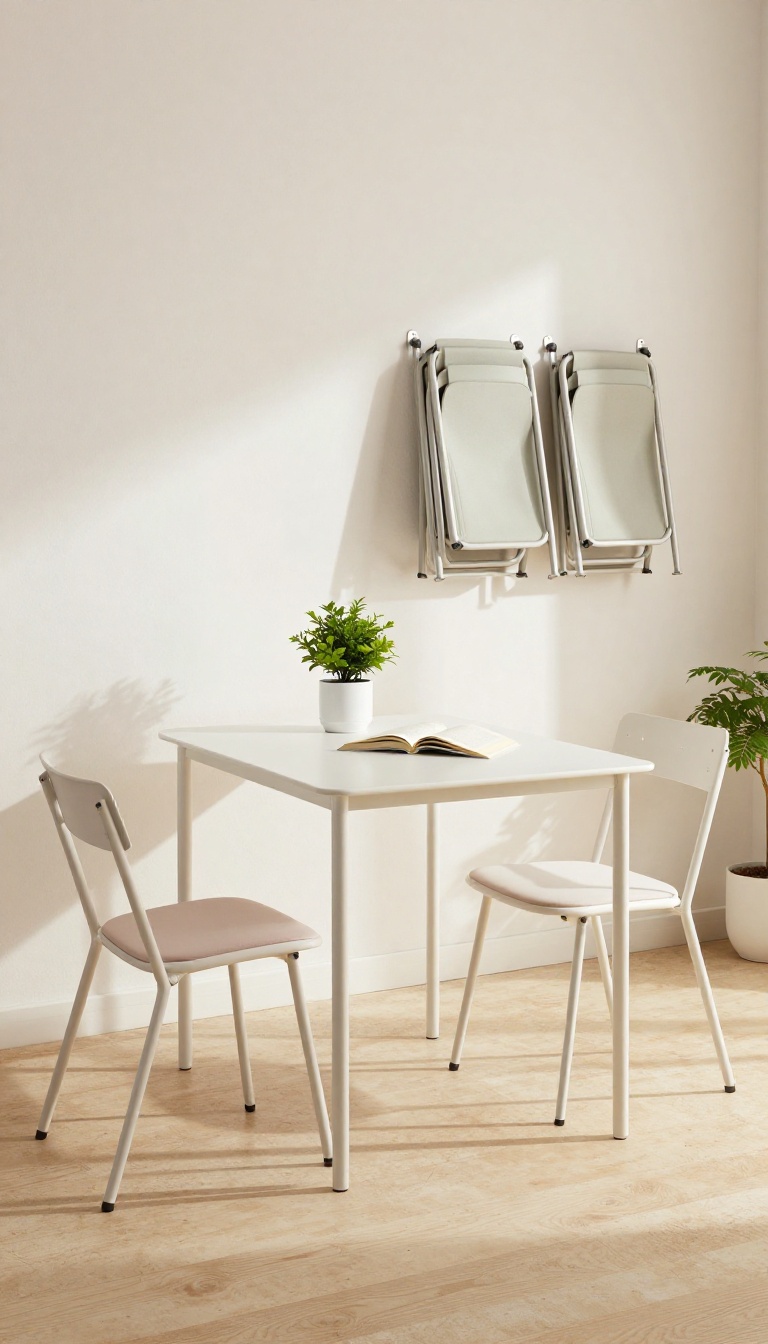 Foldable dining set on a small patio with chairs stored on wall hooks