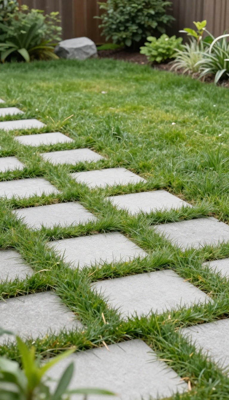 Square concrete pavers arranged in a grid pattern with grass growing between the joints in a sunny backyard