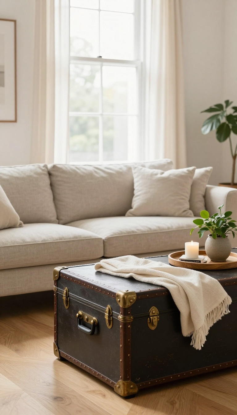 Vintage trunk used as a coffee table in a bright living room with a tray, books, plant, and a soft throw blanket