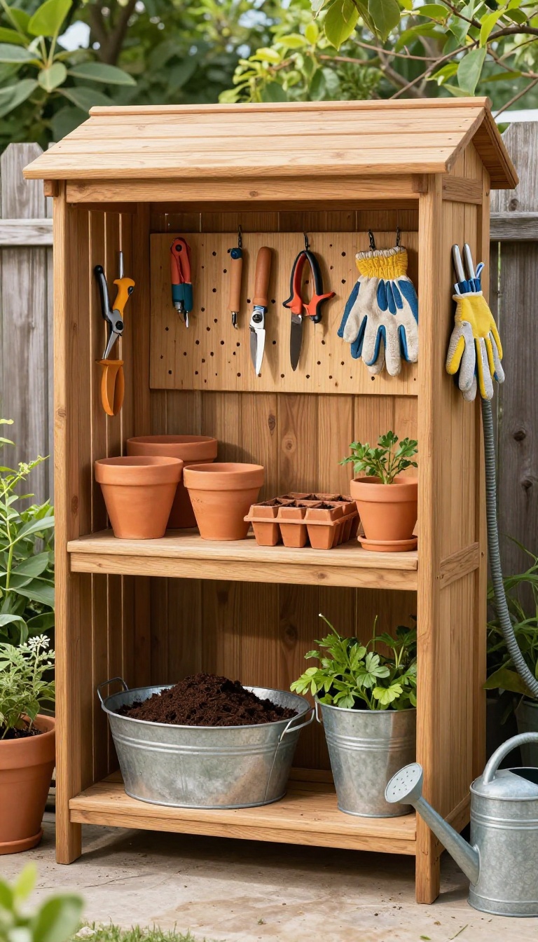 Bright backyard potting bench workspace with hanging tools, stacked terracotta pots, and a bin of soil against a garden fence