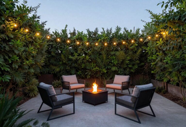 Stylish backyard patio with cozy seating, fire pit, and string lights at dusk