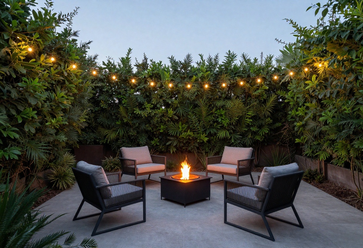Stylish backyard patio with cozy seating, fire pit, and string lights at dusk