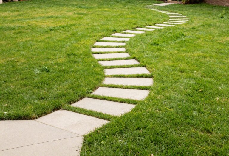 Backyard with a balanced mix of green grass and concrete pavers, including a patio and stepping stone path.
