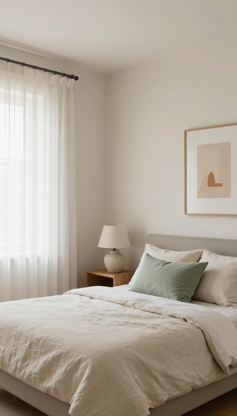 Small cozy bedroom with a light cohesive color palette, ivory walls, neutral bedding, and a single sage green accent pillow in soft natural light
