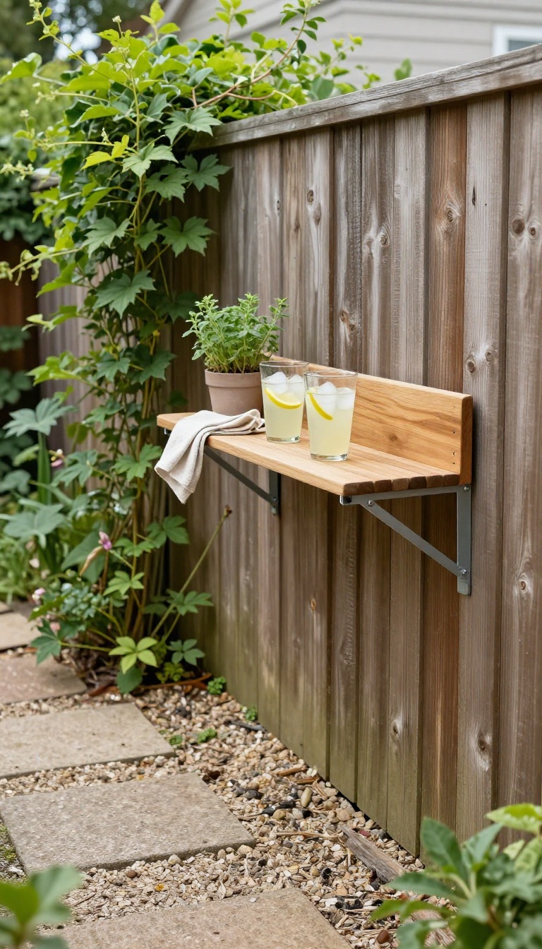 Fold-down wooden bar shelf mounted on a fence in a narrow backyard, flipped up with drinks and a small potted herb, surrounded by greenery in bright natural light