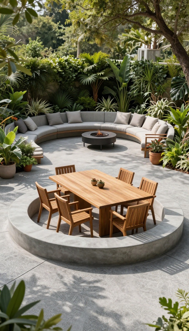 Patio with smooth concrete dining area and textured stamped concrete lounge zone