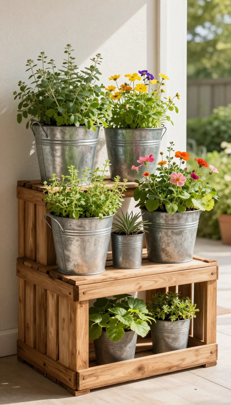 Repurposed planters made from wooden crates and metal buckets on a patio