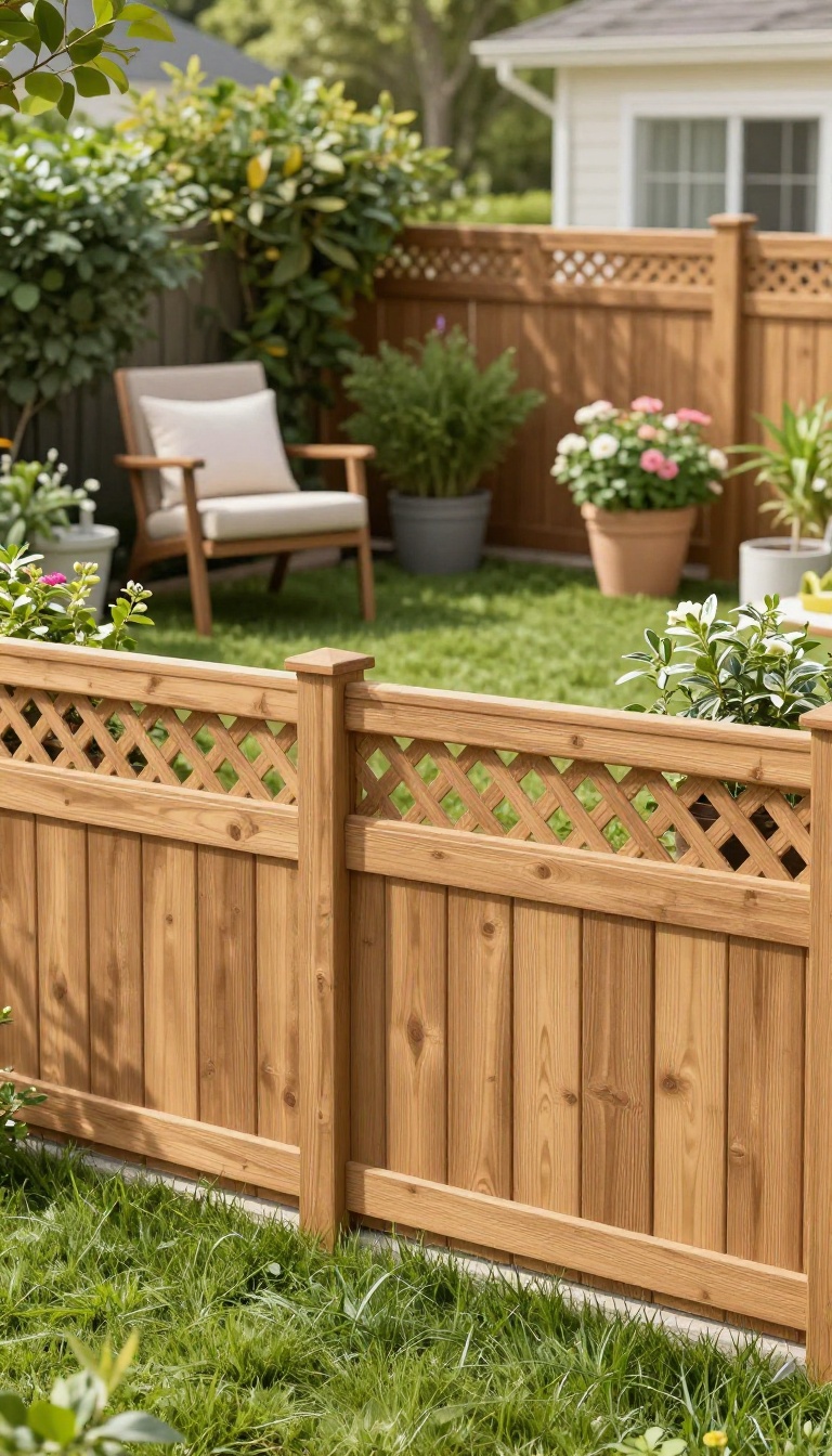 Backyard privacy fence with a decorative lattice topper surrounded by green landscaping in bright daylight