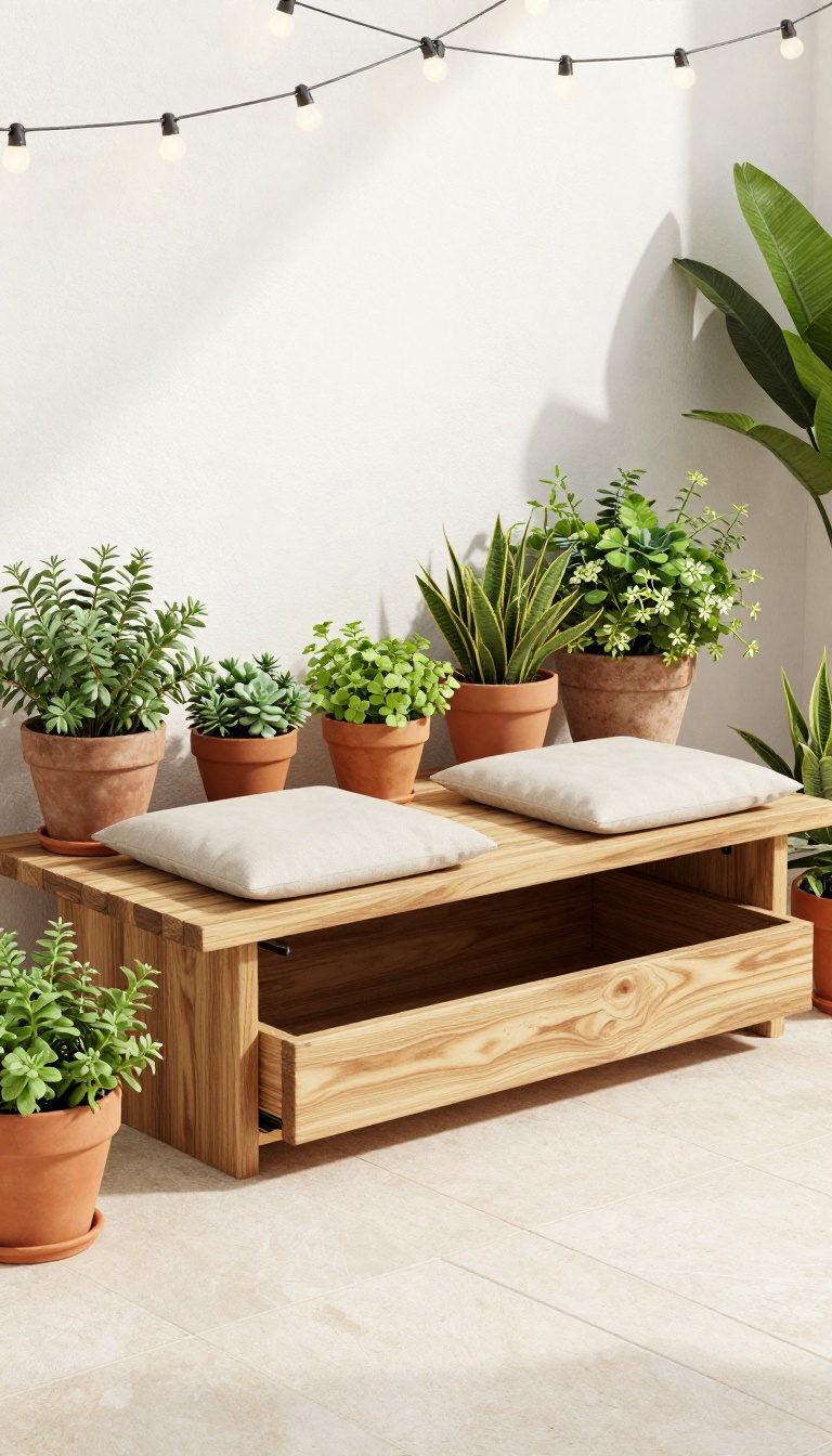 Built-in wooden bench with storage on a small patio, with cushions and plants, showcasing a cozy outdoor retreat.