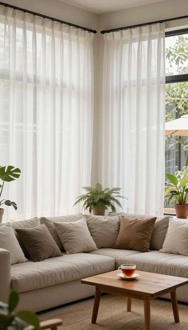 Cozy enclosed patio with white outdoor curtains drawn for privacy and insulation, featuring comfortable seating and plants.
