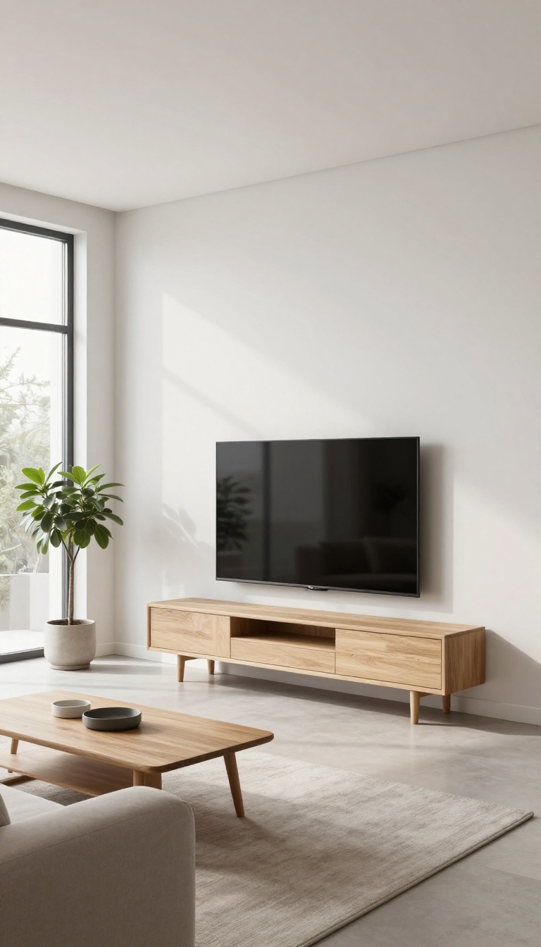 Low-profile media stand in a bright, minimalist living room with a TV above, light wood finish, and neutral decor.