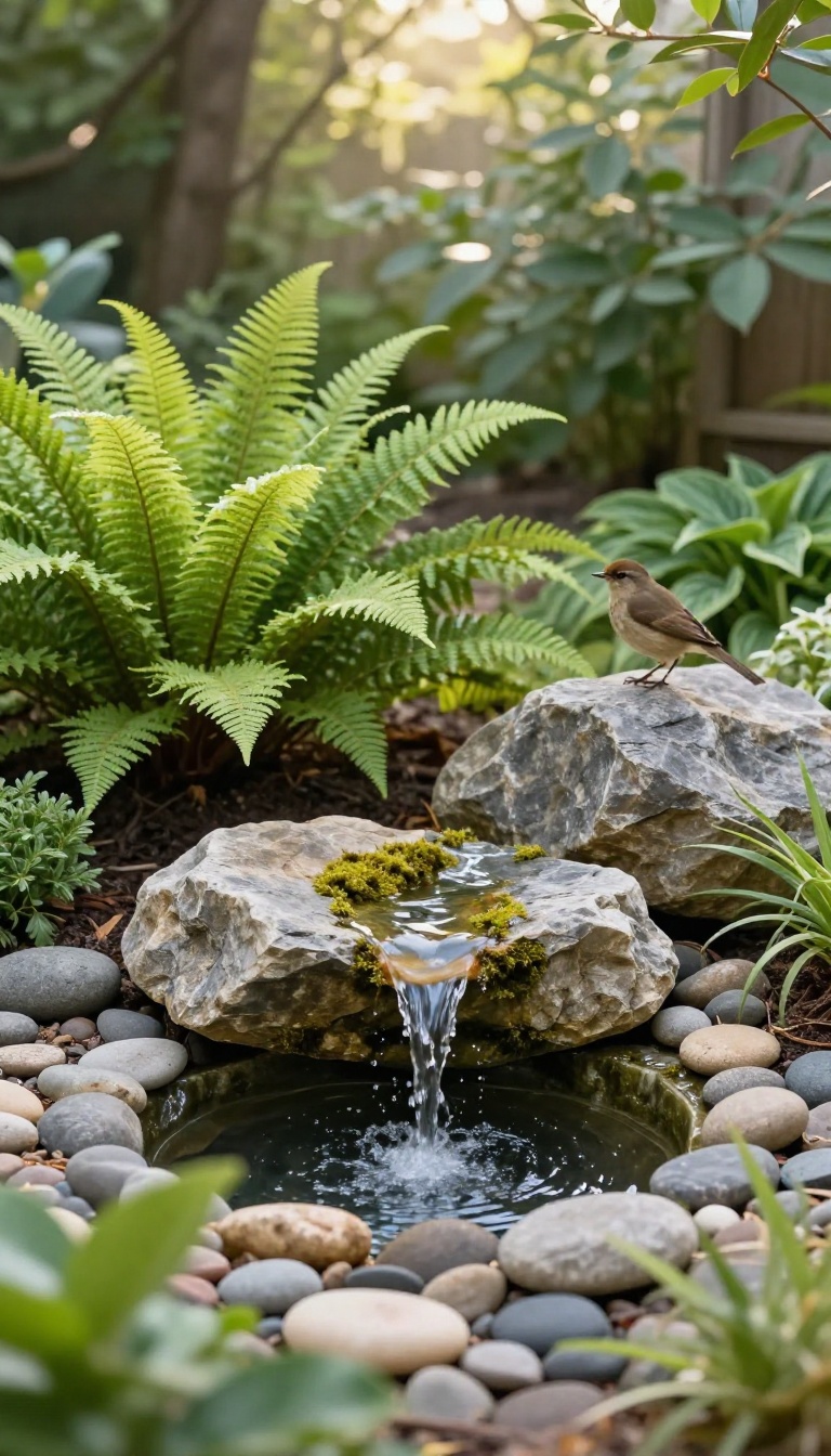 Small bubbling rock water feature in a lush backyard garden with moss, pebbles, and soft morning light
