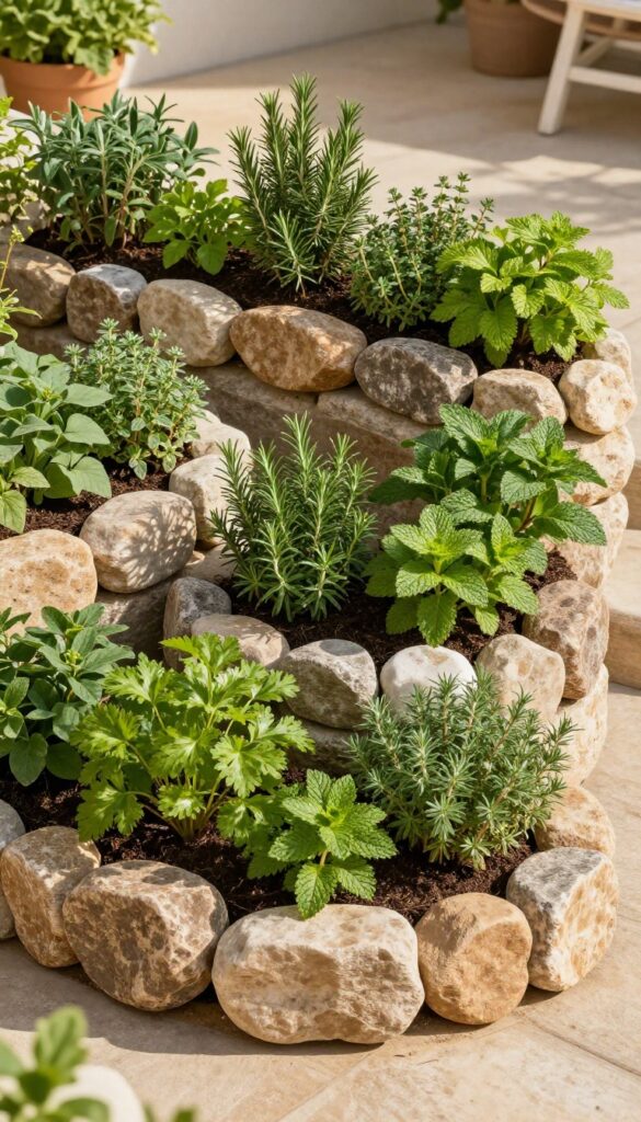 A stone herb spiral in a small patio garden with various herbs growing at different levels.