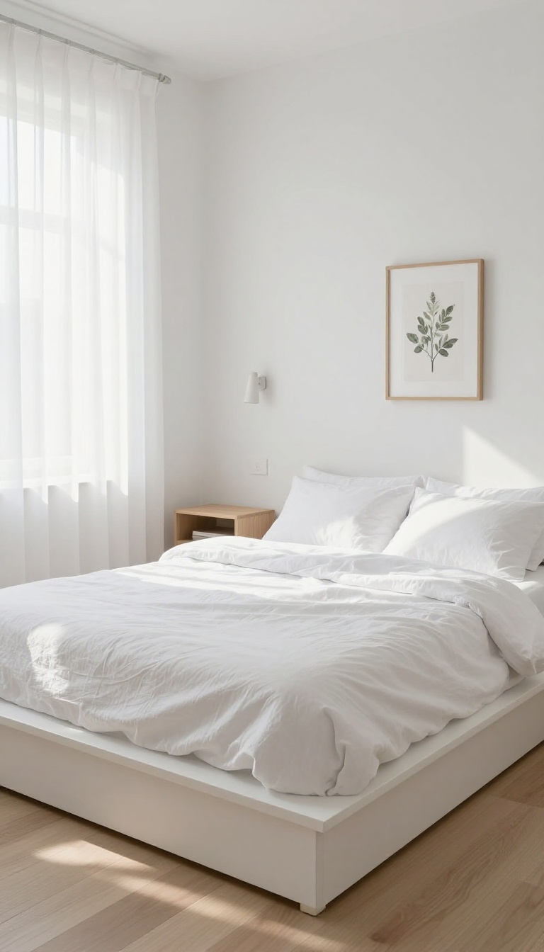 Bright white small bedroom with a low-profile platform bed frame and airy minimalist decor