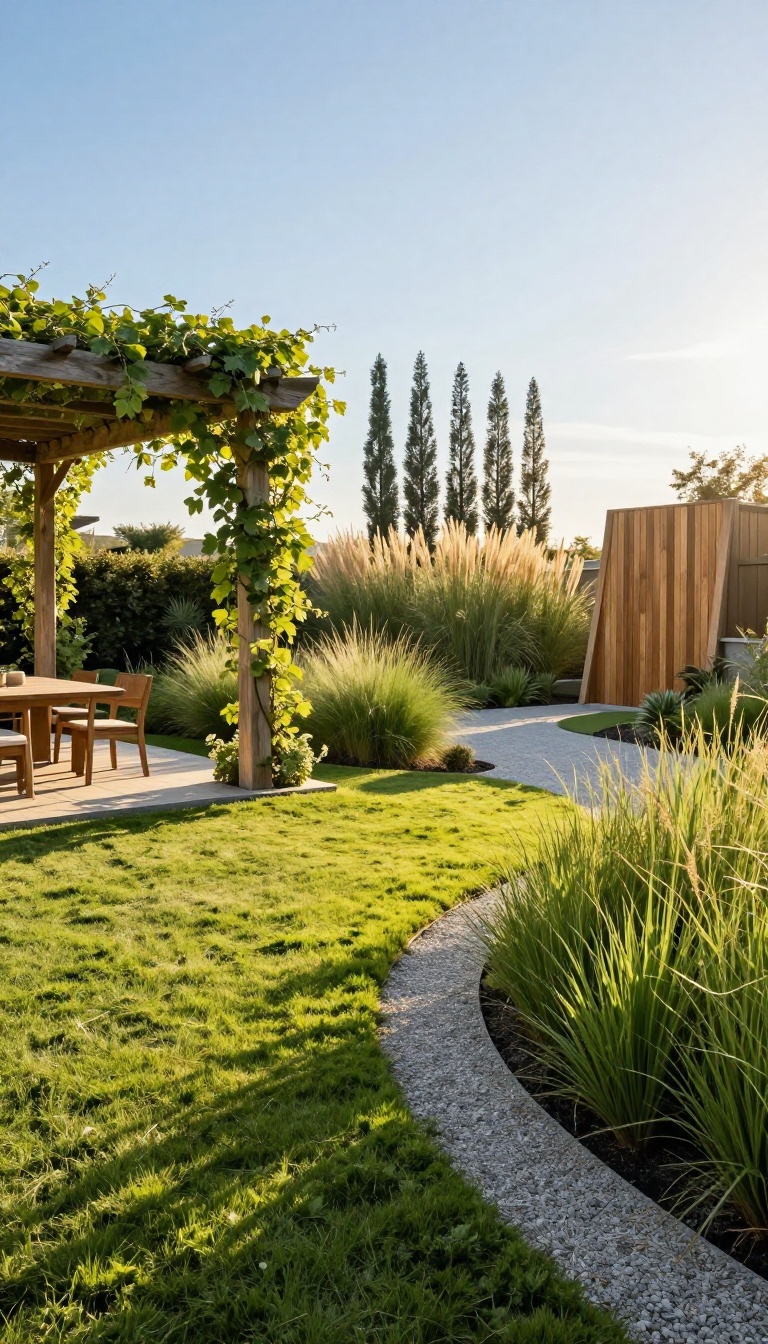 Backyard with tall ornamental grasses, arborvitae, a vine-covered pergola, and an angled privacy screen dividing a wide open lawn