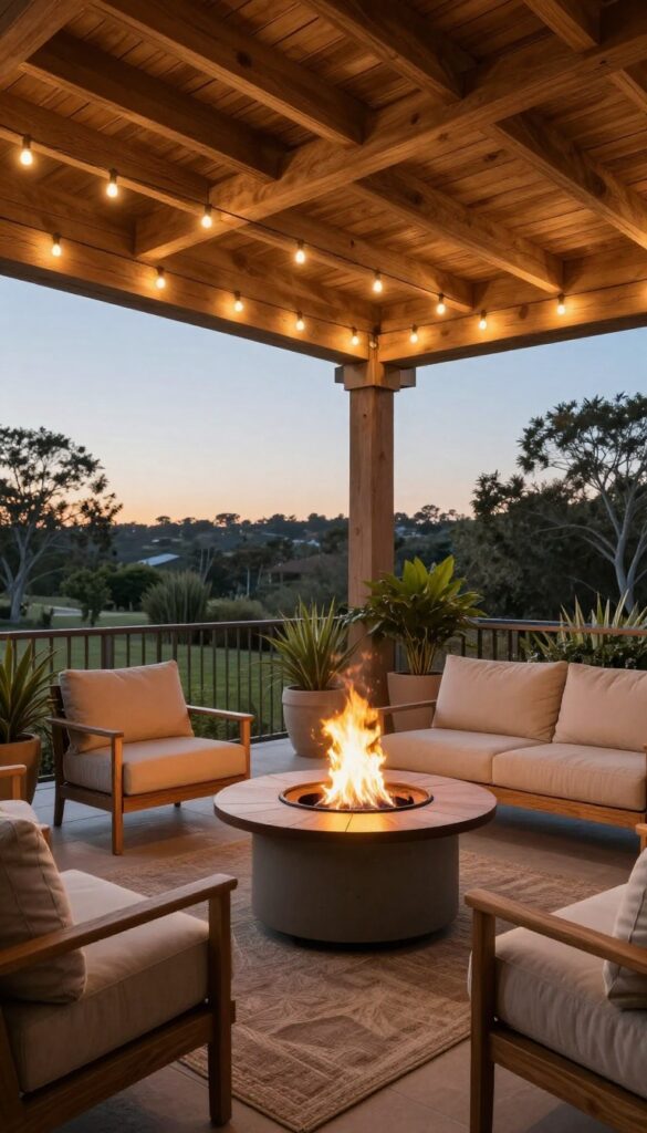A covered patio with a concrete fire pit table surrounded by chairs, lit by string lights at dusk.