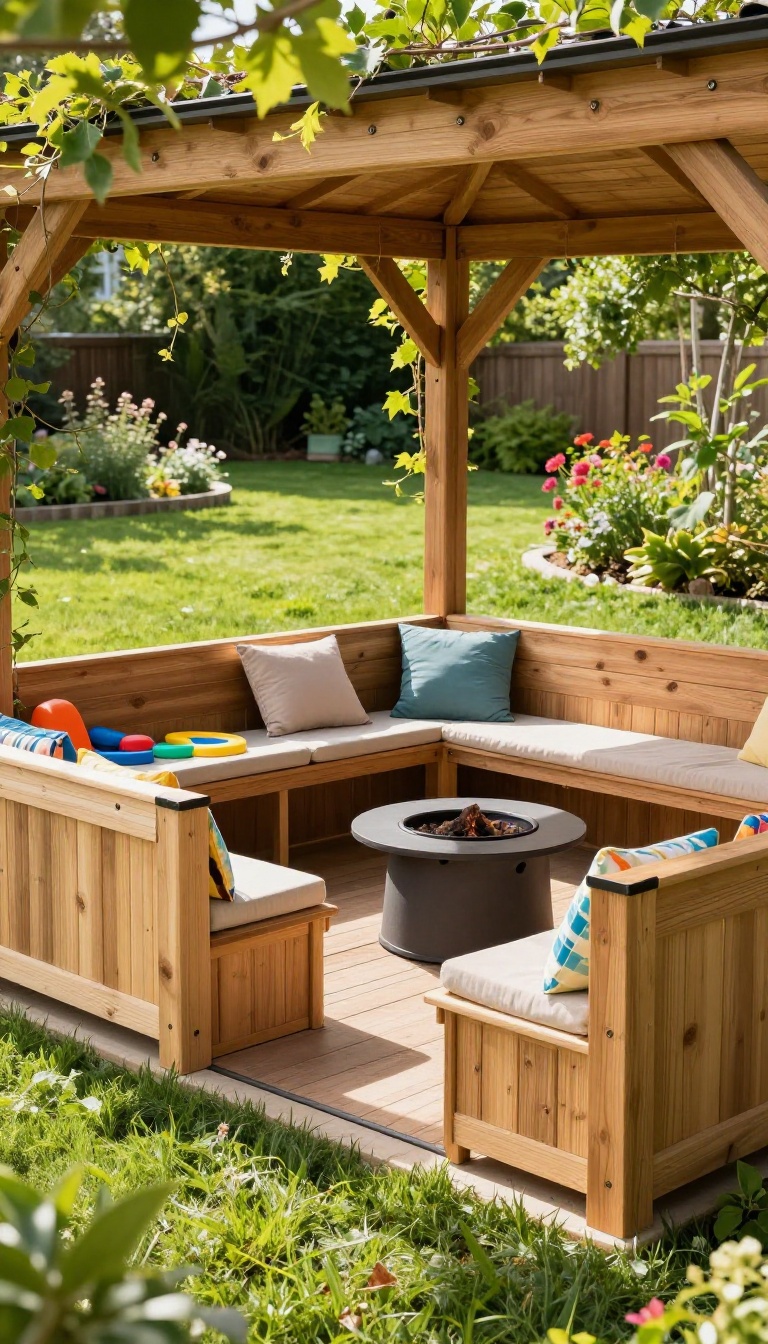 Backyard gazebo with built-in wooden bench seating and under-seat storage around an open center with a fire pit