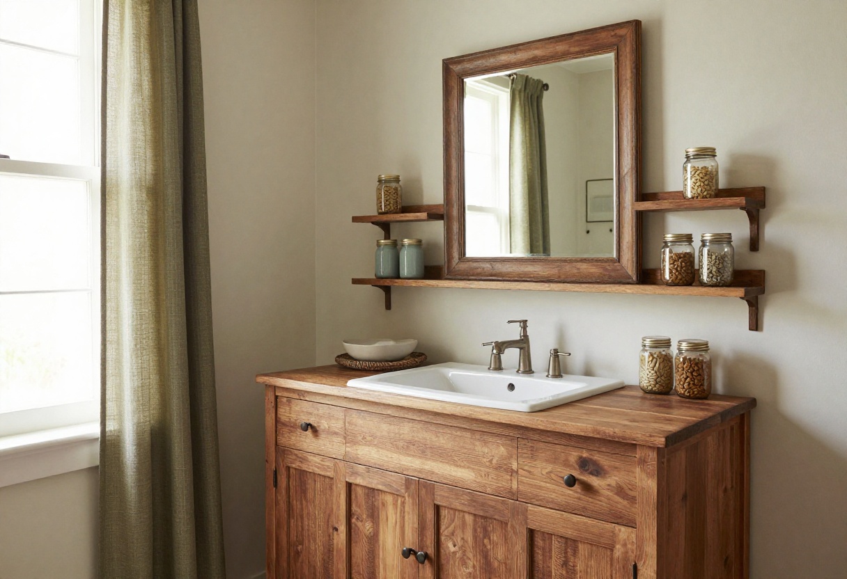 Rustic bathroom with reclaimed wood vanity, open shelving, and vintage mirror